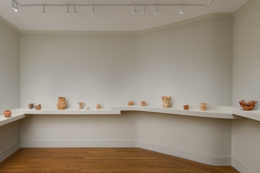 Installation view of George Ohr Pottery: No Two Alike on view at Craig F. Starr Gallery