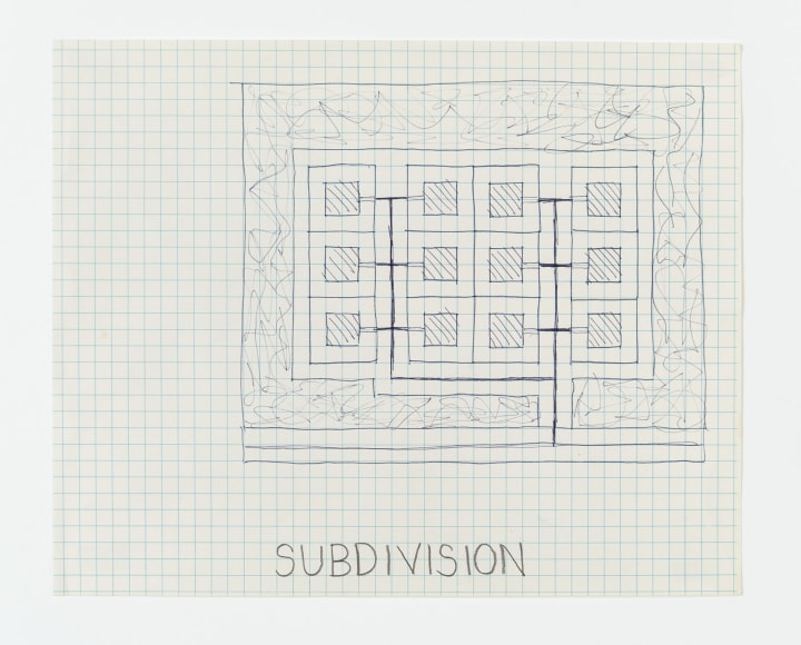Subdivision, 1981. Ink and pencil on graph paper, 8 1/2 x 10 1/2 inches. On view at Craig Starr Gallery.