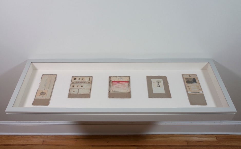 Installation view of Robert Rauschenberg: North African Collages and Scatole Personali c. 1952 at Craig F. Starr Gallery