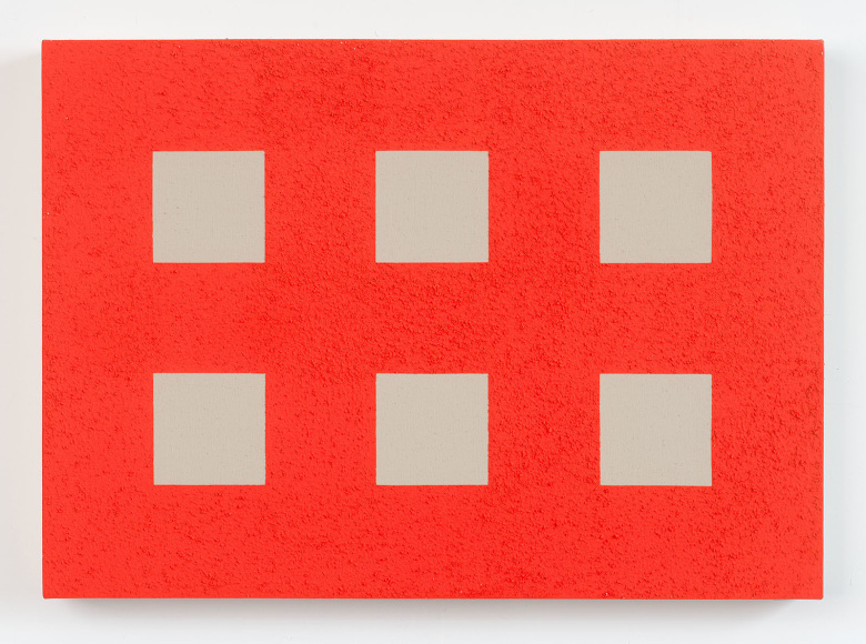 Untitled, 1981. Fluorescent acrylic and Roll-a-Tex on unprimed canvas, 30 x 42 inches. On view at Craig Starr.
