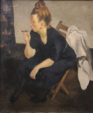 Painting of a woman facing the left of the viewer, sitting on a wooden chair and holding a cigarette.
