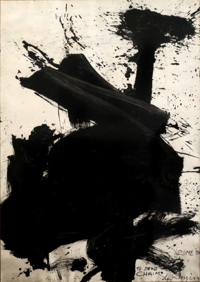 Painting on a white background of a large splash of black paint in a zig zag, haphazard shape.