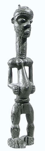 Wooden sculpture of a standing female figure on a wooden base, partially nude and holding her protruding stomach. Scarification patterns transverse her body and face, her limbs, especially her neck are elongated, and her feet face opposite directions.