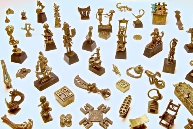 Video still from &quot;Life in Miniature: Asante goldweights&quot; February 9&ndash;July 27, 2012 showing. Multiple gold Asante figurines, specifically Asante gold weights.