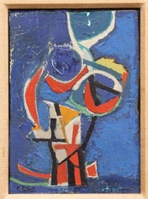 Abstract painting of red, yellow, green, and black shapes, bearing the resemblance of a face complete with large circular eyes and a smaller, pointed chin, against a blue background.