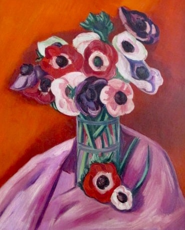 Painting of a vase of flowers, and flowers placed on a piece of draped fabric, against an orange-red background.