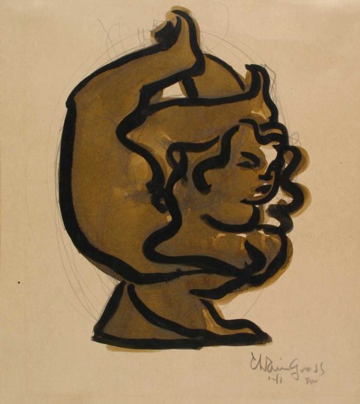 Drawing on beige paper of a woman in a deep backbend, legs bent upward and touching the top of her head and she looks forward. Her skintone and hair are all a warn tan color and the lines of her body are drawn with a thick black line. The work is signed lower right in pencil.