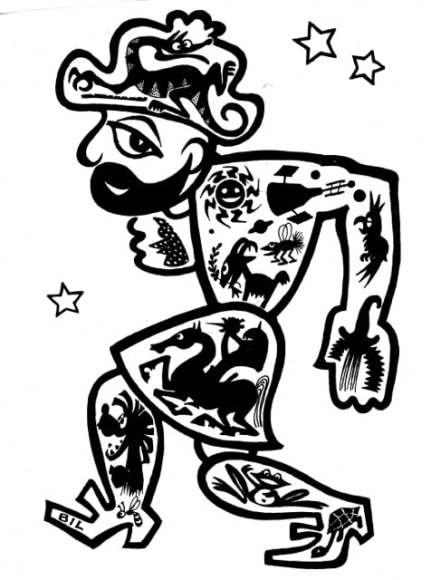 Black line art cartoonish drawing of a smiling man walking animatedly towards the left with a profile view of his face towards us. On the man's body there are drawings of various aspects of nature and animals.