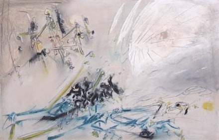 Oil and graphite etching painting, composed of three separate scenes. Geometrical lines in blue, black, yellow, and grey, which vaguely articulate multiple human forms in action in the center foreground and the top left. On the top right is a collection of grey lines that form an almost spherical shape in white and grey.