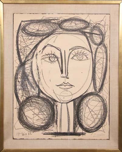Cartoonish line drawing of a circular female face with a confident expression. Her hair is made up of circles with haphazard lines patterned through them. Her lips are triangular, her nose long and skinny, and she has one eyebrow arched defiantly.