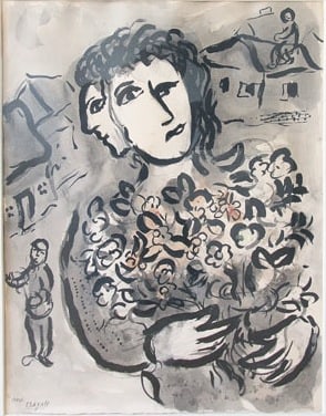 Art work in muted grey colors with dark outlines features a person close to us in the front and houses and two small people in the back. The person in the front is holding bouquet of flowers which has pale pink coloring in the center. Their facial features are disjointed from reality and there is a smile side profile of a face coming out from the left side of their head.
