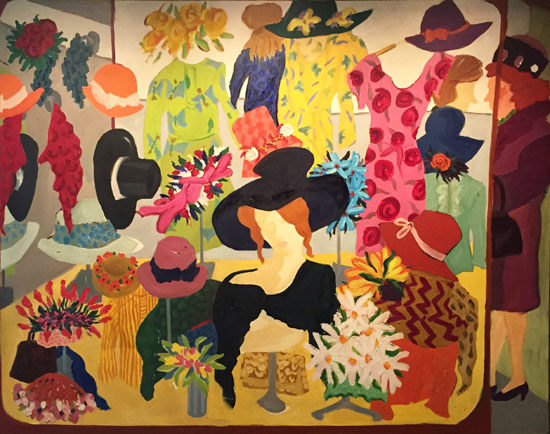 Warm painting of various figures and hat stands wearing colorful hats and dresses. The full form of a woman stands to the right of the scene.