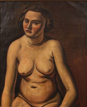 Painting of a sitting woman, nude and facing the viewer, whose eyes gaze to the right of the work, against a dark, red-brown background.