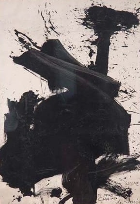 Enamel painting of seemingly frantically rendered brush strokes of black surrounded by splatters of black paint.