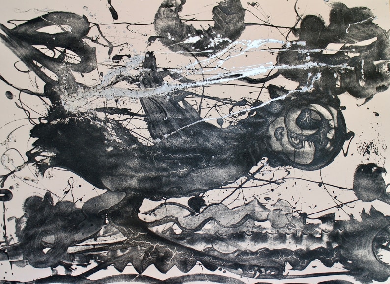 HOWE-Catherine_Carborundum and Silver (running bird)_acrylic mediums, carborundum grit, encaustic, aluminum leaf, gesso, on canvas_60x84_sold