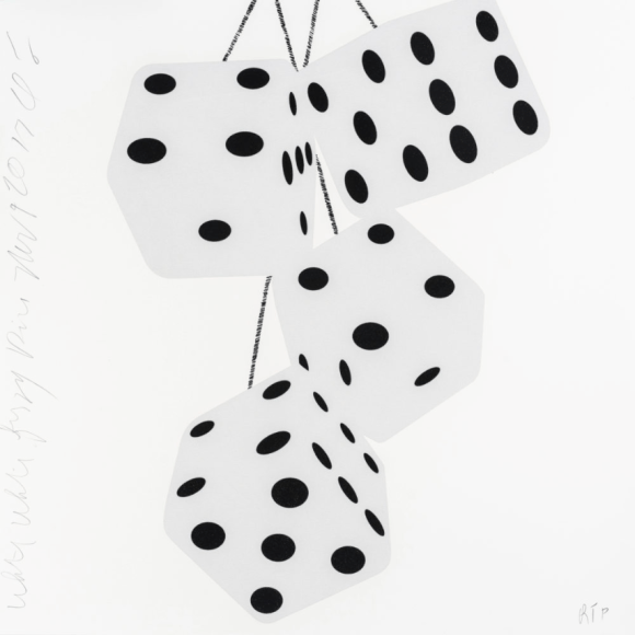 SULTAN-Donald_White White Fuzzy Dice, Nov 9, 2017_silkscreen inks with flocking on museum board_24 x 24 inches