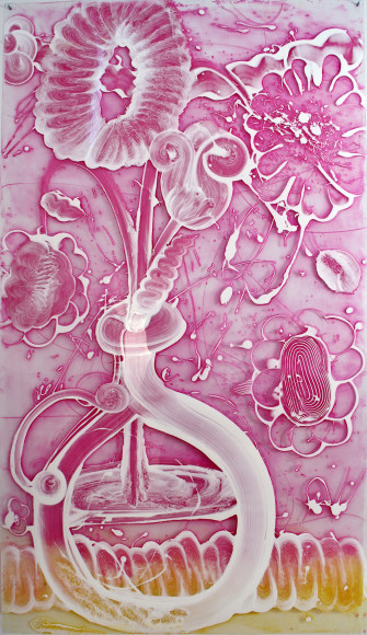 HOWE-Catherine_Reverse Mylar Painting (Hot Pinks)_oil and acrylic medium reverse-painted on Polyester sheeting, sheeting, grommets_84x40