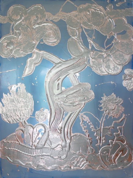 HOWE-Catherine_Opal Painting (blue garden, no. 2)_metal leaf, interference mica pigment, acrylic on canvas_48x36