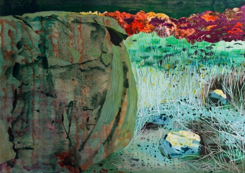 STRUBLE-Eva_Ahuacatl_acrylic, paper and screen print on panel_65x46 inches