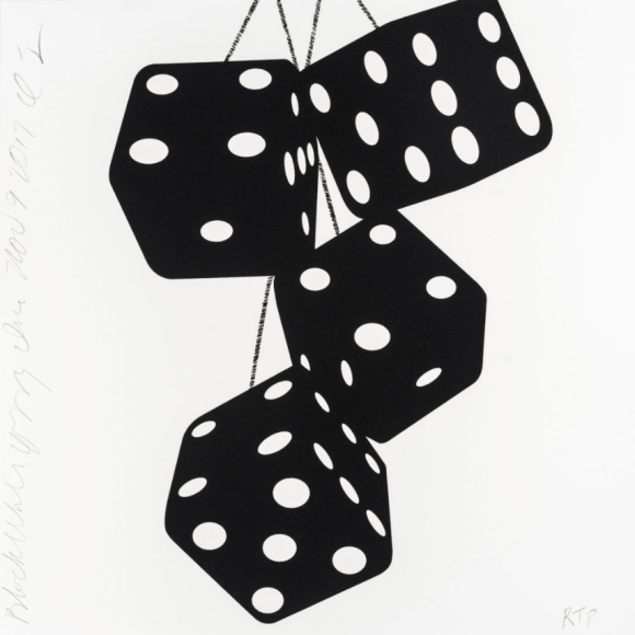 SULTAN-Donald_Black White Fuzzy Dice, Nov 9, 2017_silkscreen inks with flocking on museum board_24 x 24 inches