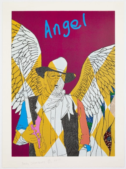 Yinka Shonibare Cowboy Angels Portfolio, 2017 suite of 5 woodcuts with fabric collage on Sumerset Tub Sized Satin 410gsm paper each 37 1/4 x 27 1/2 inches edition of 20 $35,000