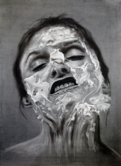 Kelli Vance Self Portrait With Cake, 2012 eraser on charcoal toned paper frame: 35 x 28 inches $1,600