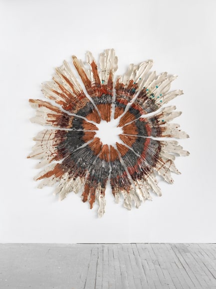 Brie Ruais  &quot;Closing In On Opening Up, 132lbs (Nevada Site 2)&quot;, 2020  glazed stoneware, hardware  82 x 80 x 3 inches  Private Collection