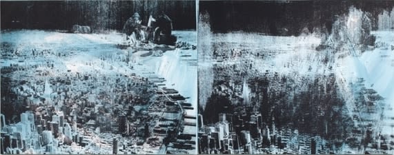 THE BRUCE HIGH QUALITY FOUNDATION Hoovervilles, 2011 silkscreen, acrylic paint on canvas two panels, each 35 3/4 x 45 1/4 inches 35 1/4 x 90 1/2 inches overall Inquire