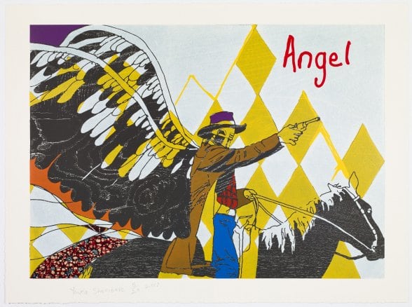 Yinka Shonibare Cowboy Angels Portfolio, 2017 suite of 5 woodcuts with fabric collage on Sumerset Tub Sized Satin 410gsm paper each 37 1/4 x 27 1/2 inches edition of 20 $35,000