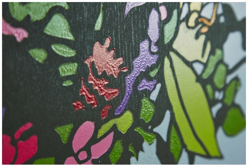 Detail of: Yinka Shonibare Mayflower All Flowers, 2020 relief print with woodblock and fabric collage on Somerset Tub Sized Satin 410gsm paper paper: 43 7/8 x 40 1/2 inches image: 38 1/8 x 35 1/4 inches Edition of 50 signed and numbered recto, in pencil
