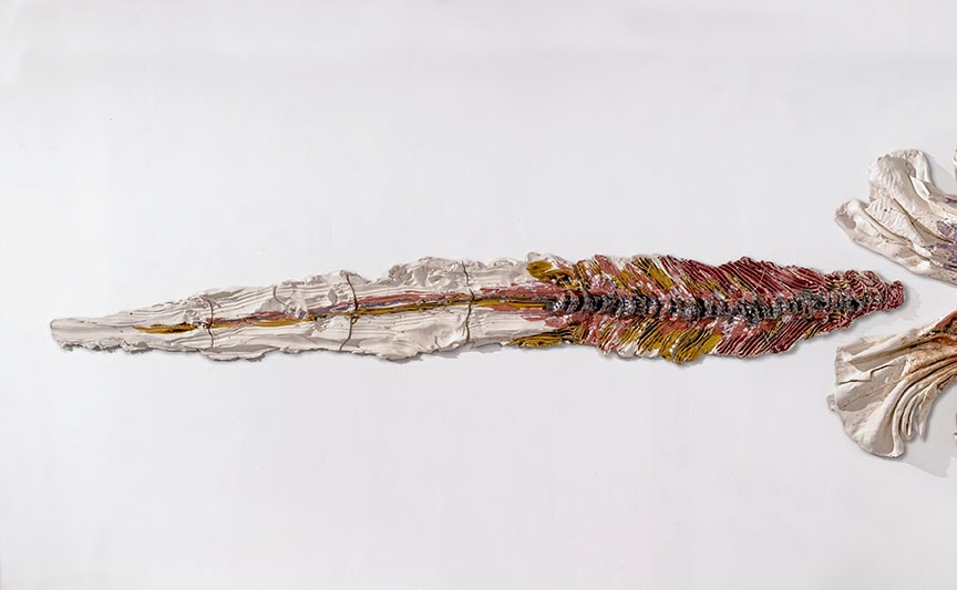 Brie Ruais  Pushing Landscape (Badlands), 130 lbs, 2021 glazed stoneware, hardware 18 x 129 x 3 inches