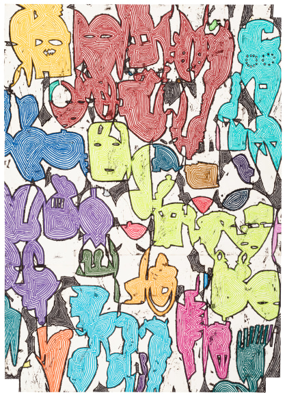 Bo Joseph Hybridizing Cryptic Signs, 2022 oil pastel, acrylic and tempera on joined paper 59 5/8 x 42 3/8 inches