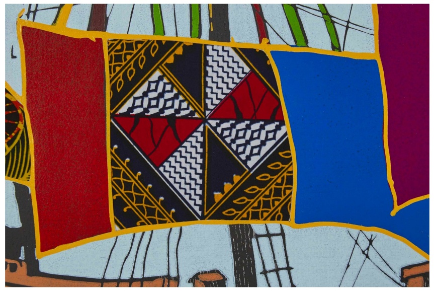 Detail of: Yinka Shonibare Mayflower All Flowers, 2020 relief print with woodblock and fabric collage on Somerset Tub Sized Satin 410gsm paper paper: 43 7/8 x 40 1/2 inches image: 38 1/8 x 35 1/4 inches Edition of 50 signed and numbered recto, in pencil