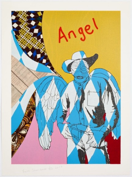 Yinka Shonibare Cowboy Angels Portfolio, 2017 suite of 5 woodcuts with fabric collage on Sumerset Tub Sized Satin 410gsm paper each 37 1/4 x 27 1/2 inches edition of 20 $35,000