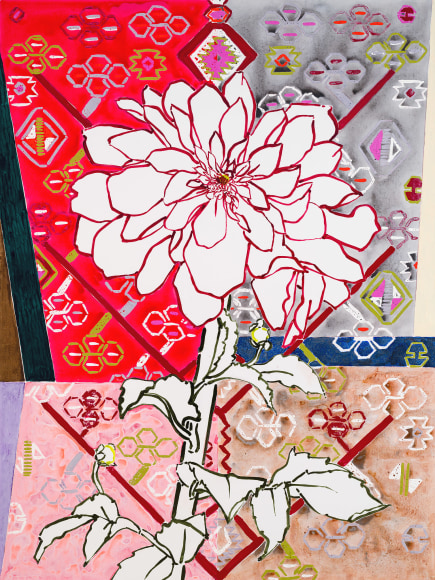 Robert Kushner Dahlia Garden &ndash; Tree of Life Kilim, 2024 acrylic, oil on canvas 72 x 54 inches