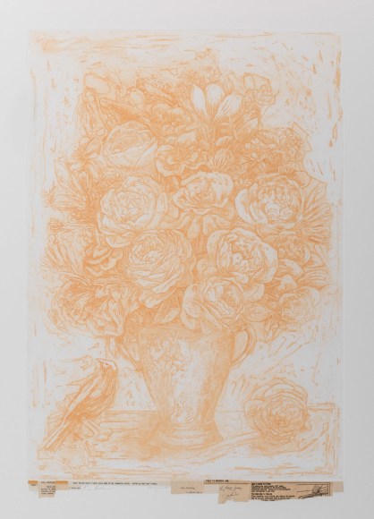 Karin Broker 2018 etching on Fabriano paper with collage paper: 33 1/2 x 24 inches frame: 45 3/4 x 32 1/2 inches