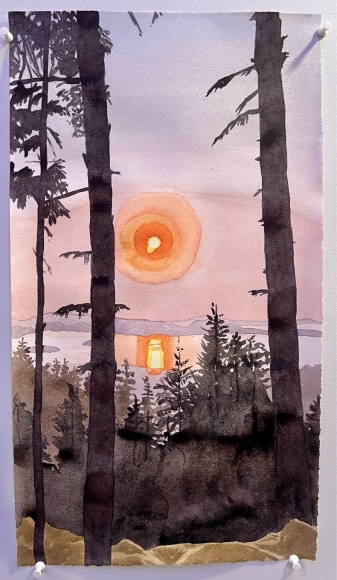 Bradley Kerl Orcas 2, 2025 watercolor on paper 22 x 12 1/4 inches