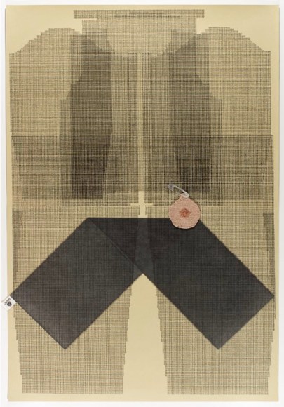 Ellen Lesperance Who Killed Karen Silkwood?, 2020 three color lithograph with chine coll&eacute; and hand-knitted element paper: 42 7/8 x 29 3/8 inches frame: 48 1/8 x 34 1/16 inches Edition 13 of 15