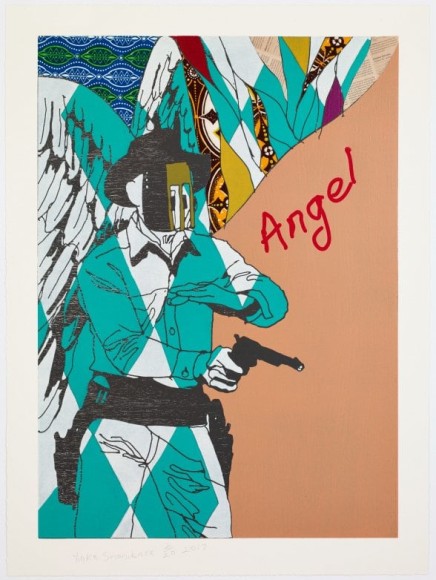 Yinka Shonibare Cowboy Angels Portfolio, 2017 suite of 5 woodcuts with fabric collage on Sumerset Tub Sized Satin 410gsm paper each 37 1/4 x 27 1/2 inches edition of 20 $35,000