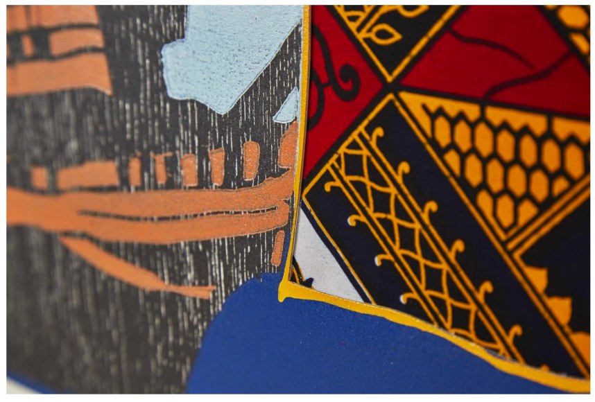 Detail of: Yinka Shonibare Mayflower All Flowers, 2020 relief print with woodblock and fabric collage on Somerset Tub Sized Satin 410gsm paper paper: 43 7/8 x 40 1/2 inches image: 38 1/8 x 35 1/4 inches Edition of 50 signed and numbered recto, in pencil