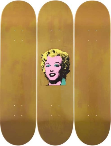 Andy Warhol  Gold Marilyn, Triptych (Skateboard Decks), 2016  maple wood from sustainable Canadian forests, 7-ply  31 1/2 x 7 7/8 x 1/4 inches  edition of 100  $3,000