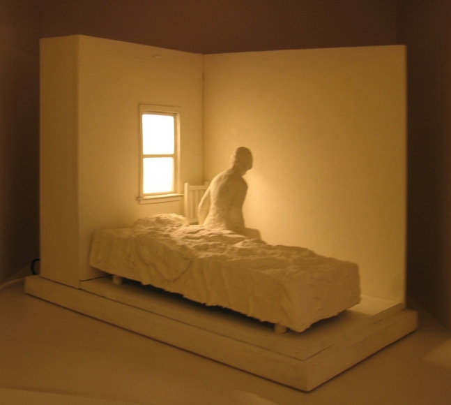 George Segal  Woman Sitting on Bed, 1996  copper, bronze, wood, plexi, electric light (white patina)  21 x 16 x 25 1/2 inches  edition of 30  $35,000