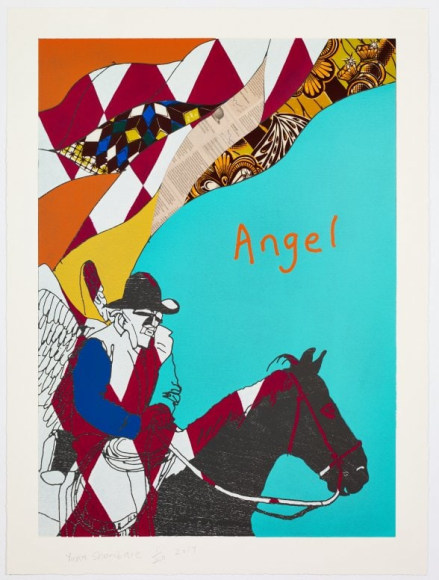 Yinka Shonibare Cowboy Angels Portfolio, 2017 suite of 5 woodcuts with fabric collage on Sumerset Tub Sized Satin 410gsm paper each 37 1/4 x 27 1/2 inches edition of 20 $35,000