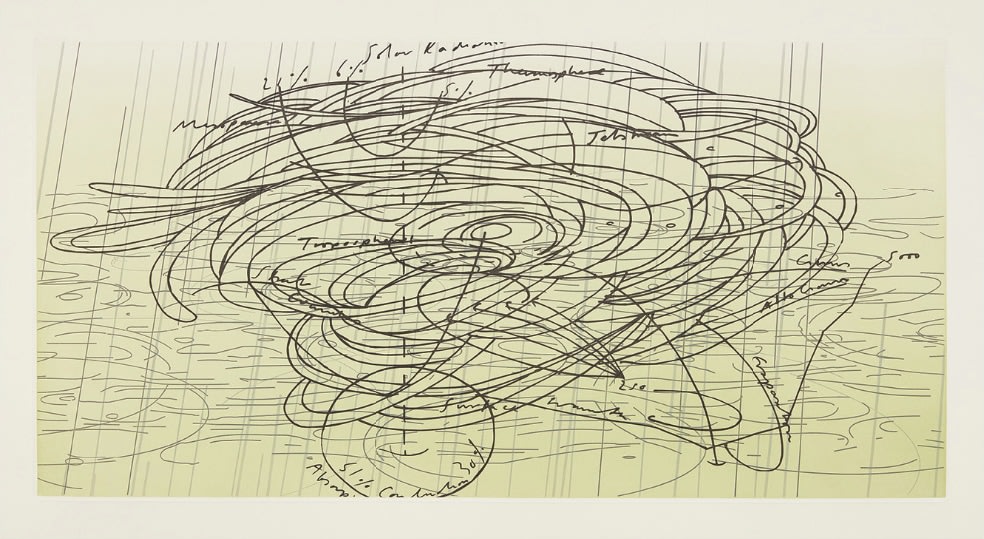 Matthew Ritchie,  Sea State Five (suite of five works), 2003,  color etching and aquatint on paper,  15 5/8 x 30 7/8 inches,  edition of 28,  signed, numbered and dated on verso