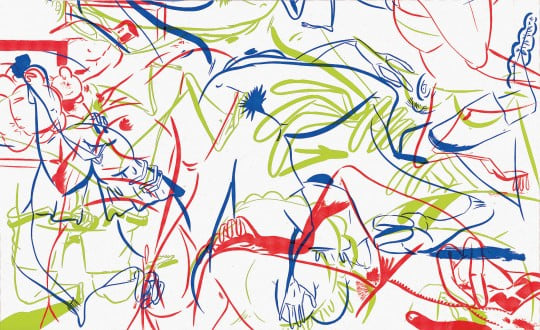 Sue Williams Untitled (Edition for Parkett), 1997 Signed and numbered Three-layer lithograph on transparent archival Mylar, each image-layer printed in a different color on a separate loose sheet 10 x 16.5 inches (25.4 x 41.9 cm) Edition of 60