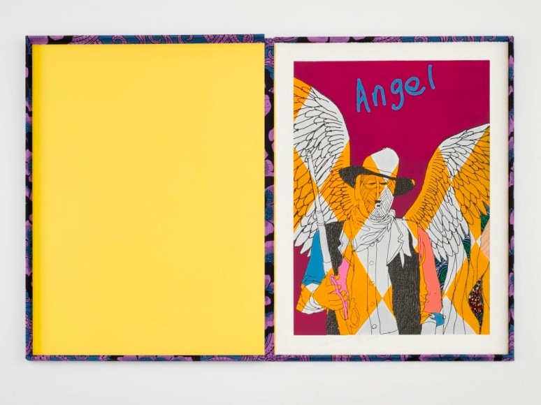 Yinka Shonibare Cowboy Angels Portfolio, 2017 suite of 5 woodcuts with fabric collage on Sumerset Tub Sized Satin 410gsm paper each 37 1/4 x 27 1/2 inches edition of 20 $35,000