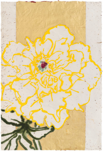 Robert Kushner Green's Treat Peony I, 2024 oil, acrylic, gold leaf and conte crayon on Japanese Paper 36 x 25 inches