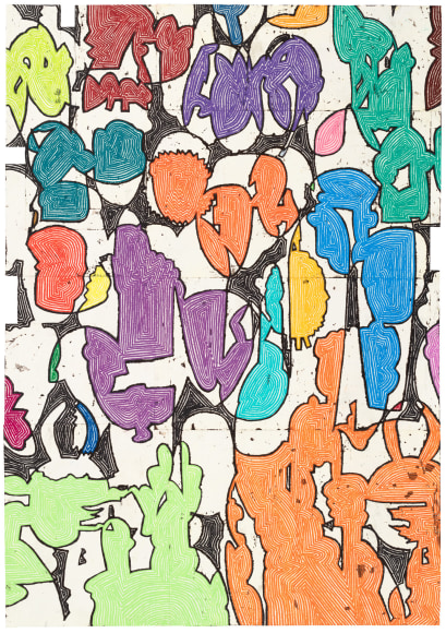 Bo Joseph Coalescing Cryptic Signs, 2019 oil pastel, acrylic and tempera on joined paper 59 3/4 x 42 1/8 inches