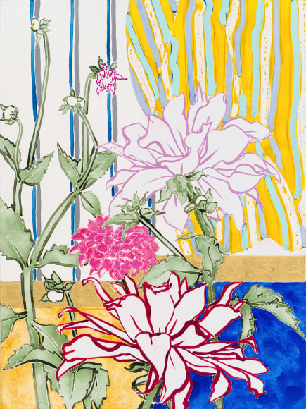 Robert Kushner Dahlia Garden &ndash; Noon, 2024 acrylic, oil, gold leaf on canvas 48 x 36 inches