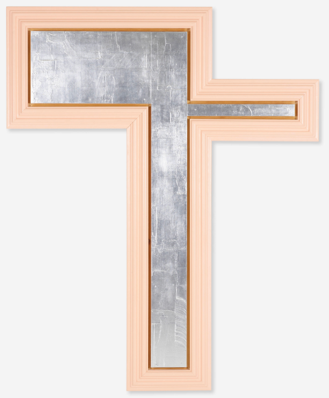 Christian Eckart Martyr (OP-65), 1986 gel-medium, poly-vinyl color, aluminum leaf (in lieu of white gold) and acrylic enamel on birch plywood with enamel on pine and poplar frame 96 1/2 x 78 x 1/2 x 3 inches